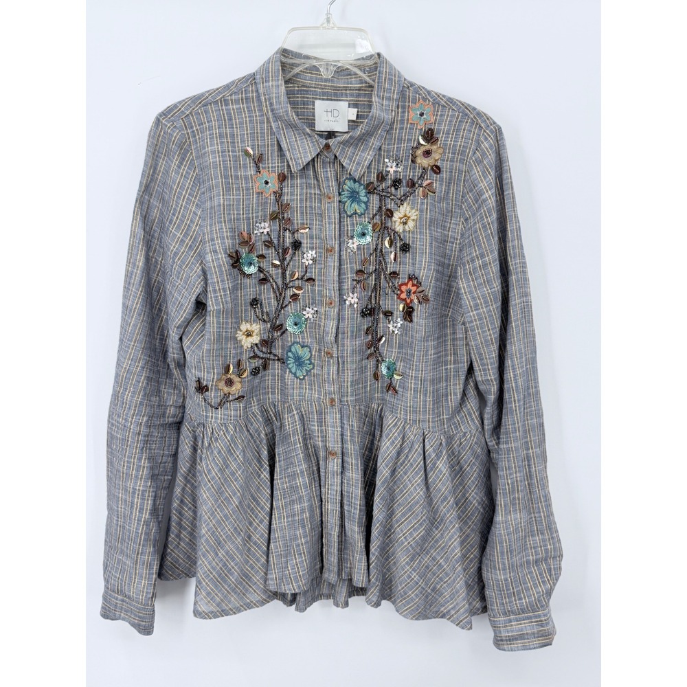 Anthropologie HD in‎ Paris Blouse S Blue Gold Striped Embroidered Beaded Peplum